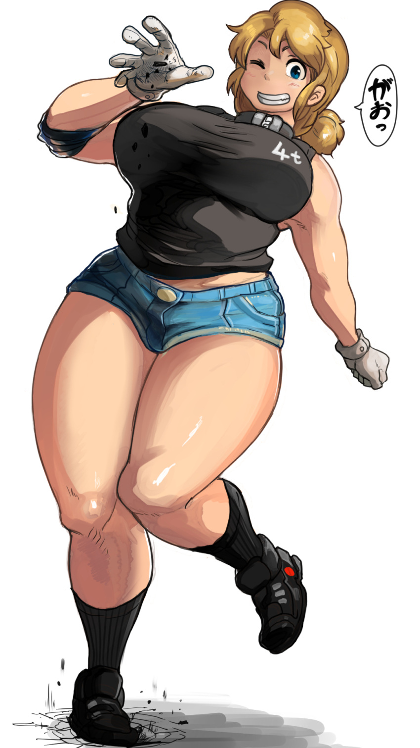 1girl bare_shoulders black_legwear blonde_hair blue_eyes blush breasts cleats curvy elbow_pads full_body giantess gloves grin highres hunter_rank_e large_breasts looking_at_viewer medium_hair one_eye_closed original ponytail shirt short_ponytail short_shorts shorts sleeveless sleeveless_shirt smile socks solo sportswear thick_thighs thighs translated