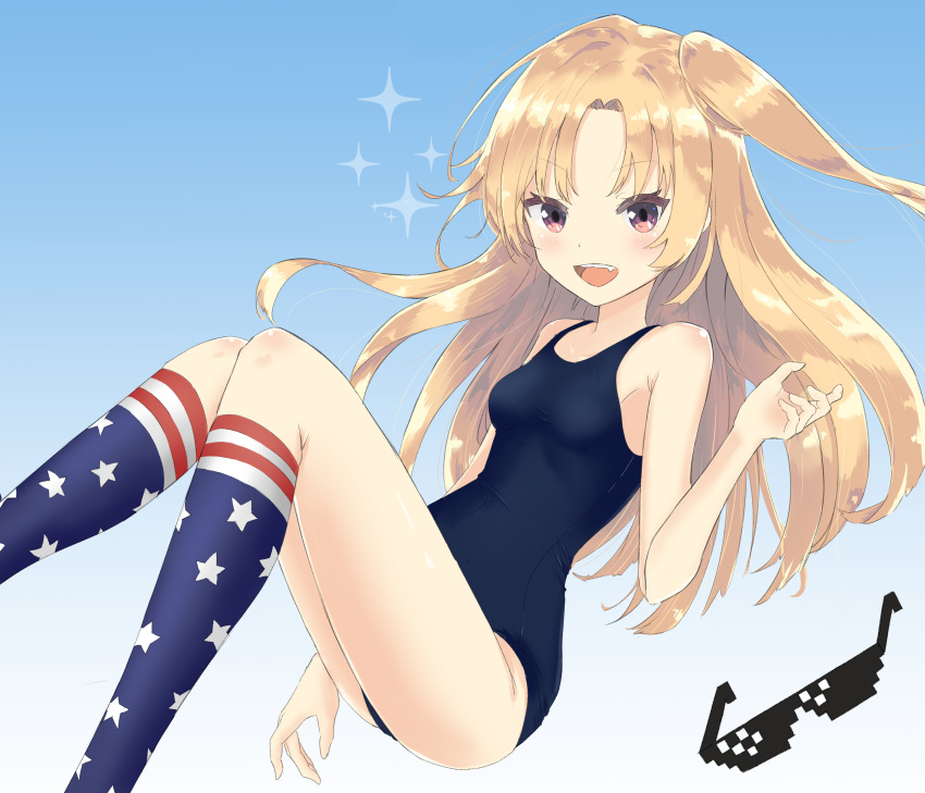 1girl :d absurdres american_flag_legwear azur_lane blonde_hair blush breasts cleveland_(azur_lane) coraman fang highres kneehighs knees_together_feet_apart long_hair looking_at_viewer one_side_up open_mouth pink_eyes school_swimsuit small_breasts smile solo sunglasses swimsuit