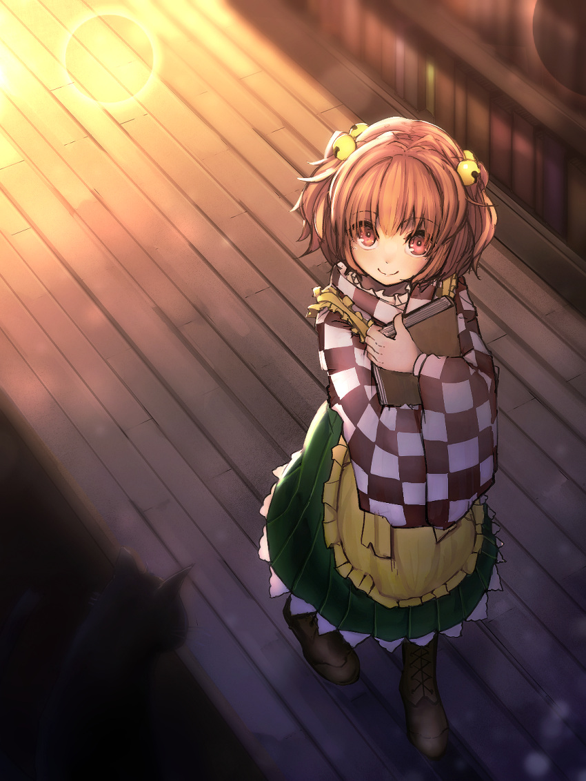 1girl apron bangs bell book book_hug boots brown_footwear cat checkered checkered_kimono closed_mouth commentary_request from_above green_skirt hair_bell hair_ornament highres holding holding_book japanese_clothes kimono long_sleeves looking_at_viewer motoori_kosuzu nanahi_toshi perspective red_eyes redhead short_hair skirt smile solo touhou walking wide_sleeves wooden_floor