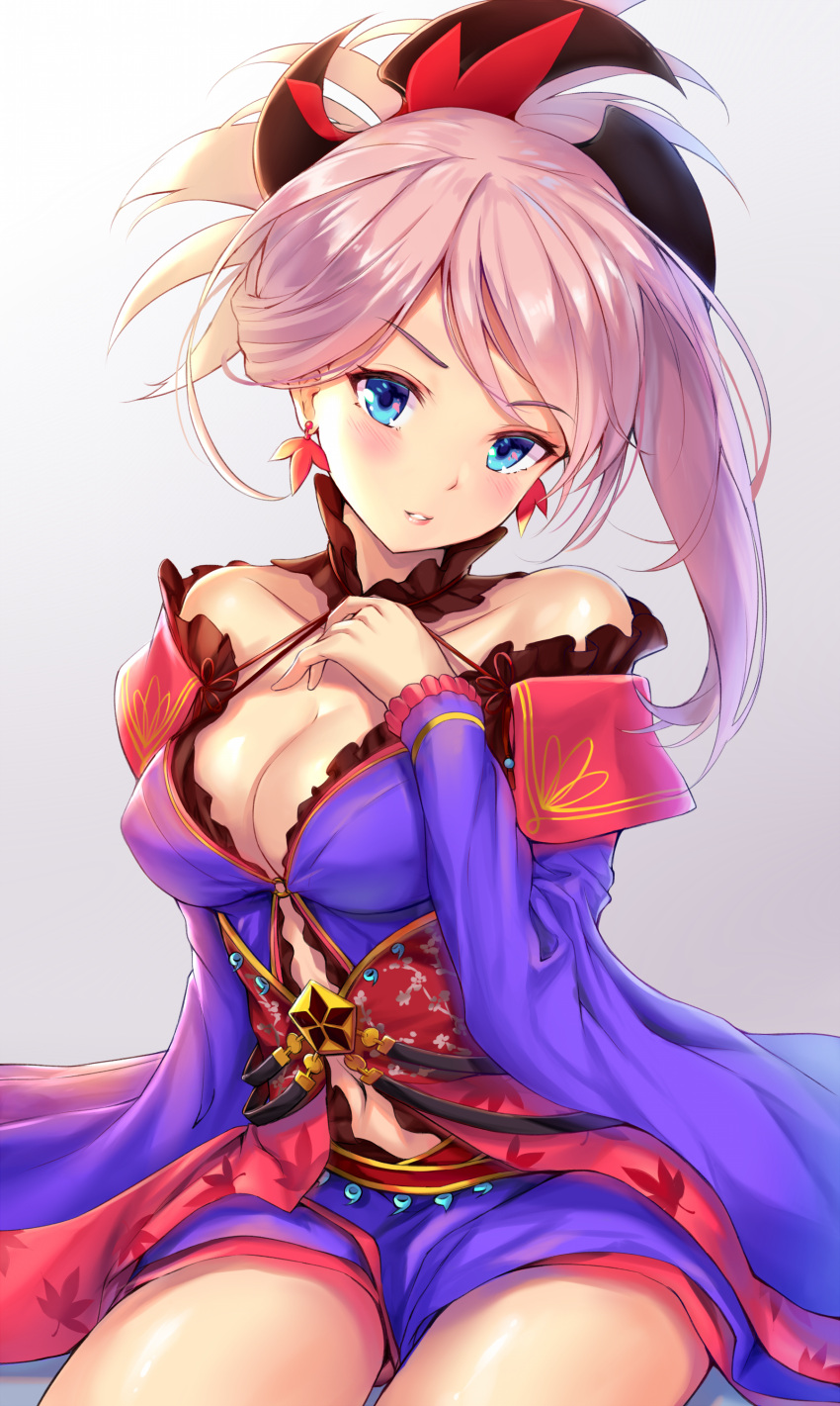 1girl absurdres blue_eyes blush breasts collarbone detached_sleeves earrings fate/grand_order fate_(series) hair_ornament hand_on_own_chest highres japanese_clothes jewelry kimono large_breasts lips lipstick looking_at_viewer makeup midriff miyamoto_musashi_(fate/grand_order) navel pdxen pink_hair ponytail sash short_kimono simple_background sitting solo thigh-highs white_background