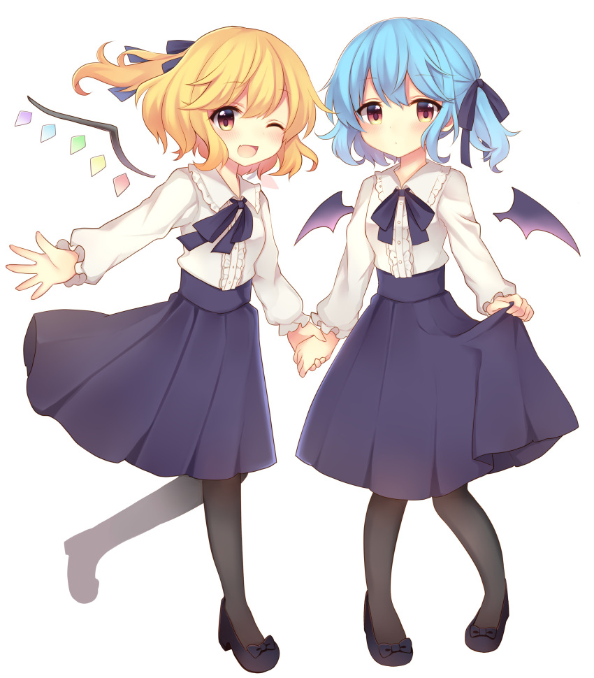 2girls ;d absurdres alternate_costume alternate_hairstyle bangs bat_wings black_footwear black_legwear black_ribbon black_skirt black_wings blonde_hair blue_hair blush center_frills closed_mouth commentary_request crystal eyebrows_visible_through_hair fang flandre_scarlet frilled_shirt_collar frills gradient_eyes hair_between_eyes hair_ribbon hand_holding high-waist_skirt high_heels highres leg_up long_sleeves looking_at_viewer medium_hair meme_attire multicolored multicolored_eyes multiple_girls neck_ribbon no_hat no_headwear one_eye_closed open_mouth outstretched_arm outstretched_hand pleated_skirt red_eyes remilia_scarlet ribbon ruhika shirt short_hair siblings side_ponytail simple_background sisters skirt skirt_hold smile standing standing_on_one_leg touhou twintails virgin_killer_outfit white_background white_shirt wings yellow_eyes