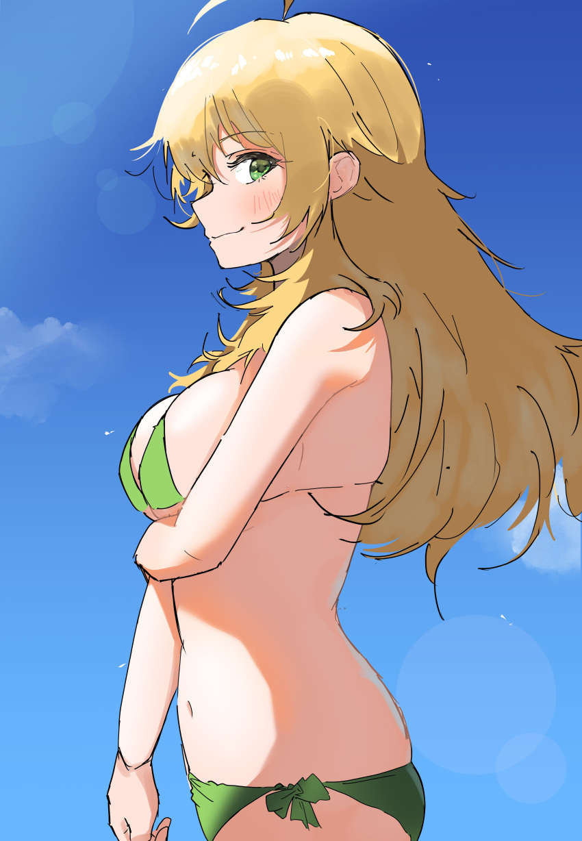 1girl absurdres ahoge bikini blonde_hair blue_sky blurry blush bokeh breasts cowboy_shot depth_of_field green_bikini green_eyes highres holding_own_arm hoshii_miki idolmaster idolmaster_(classic) idolmaster_million_live! large_breasts light_smile long_hair looking_at_viewer looking_to_the_side midriff navel pdal_(pdalhhh) profile side-tie_bikini sky solo swimsuit