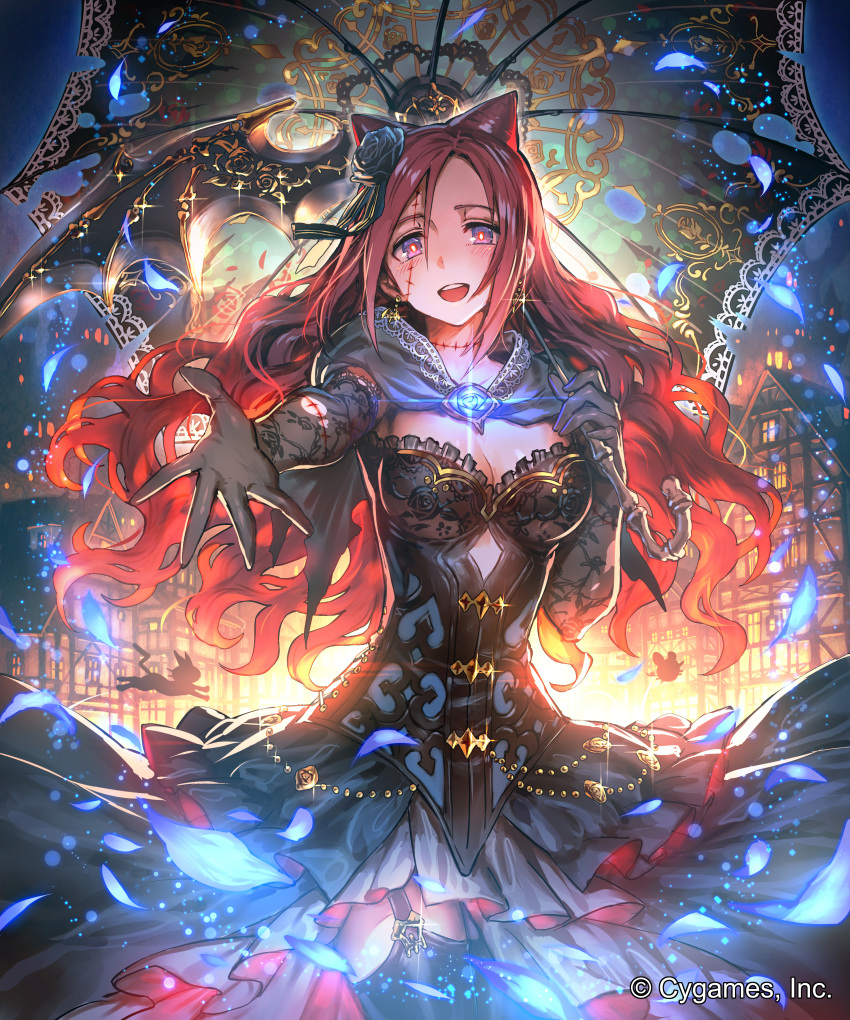 1girl :d absurdres backlighting black_dress black_gloves black_legwear black_rose blush breasts brown_hair capelet ceres_(shingeki_no_bahamut) company_name dress earrings elbow_gloves flower garter_straps glint gloves glowing hair_between_eyes hair_flower hair_ornament head_tilt highres holding holding_umbrella house jewelry looking_at_viewer medium_breasts night official_art okada_manabi open_mouth outdoors outstretched_arms petals rose scar shingeki_no_bahamut smile solo sparkle standing thigh-highs torn_clothes torn_gloves torn_umbrella umbrella violet_eyes watermark wavy_hair