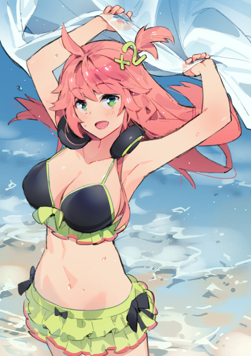 1girl :d ahoge armpits arms_up bangs bare_arms bare_shoulders bikini black_bikini_top blush breasts collarbone cowboy_shot day ddal eyebrows_visible_through_hair floating_hair frilled_bikini frills green_bikini_top green_eyes hair_ornament headphones headphones_around_neck highres holding large_breasts looking_at_viewer mismatched_bikini number ocean one_side_up open_mouth original pink_hair smile solo standing sweat swimsuit water wind
