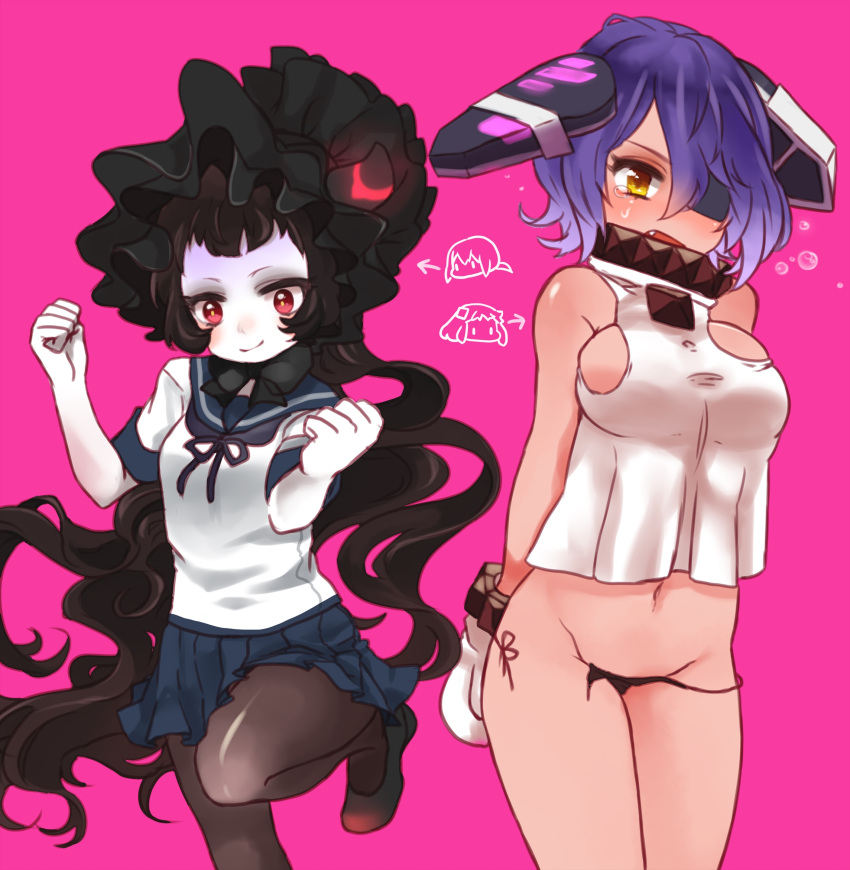 2girls black_hair blue_skirt blush breasts cosplay crying crying_with_eyes_open dress fubuki_(kantai_collection) hair_between_eyes highres horn isolated_island_hime kantai_collection kobone long_hair looking_at_viewer medium_breasts miniskirt multiple_girls northern_ocean_hime orange_eyes panties pantyhose purple_hair red_eyes remodel_(kantai_collection) school_uniform serafuku shoes short_hair skirt small_breasts string_panties tears tenryuu_(kantai_collection) underwear undressing very_long_hair