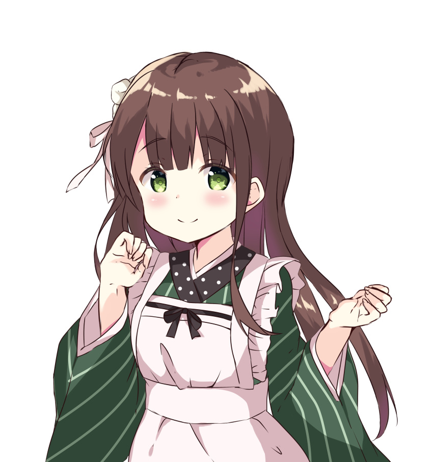 1girl absurdres ama_usa_an_uniform apron bangs blunt_bangs blush breasts brown_hair closed_mouth eyebrows_visible_through_hair flower gochuumon_wa_usagi_desu_ka? green_eyes green_kimono hair_flower hair_ornament highres japanese_clothes kimono long_hair long_sleeves looking_at_viewer maid_apron mofurun pink_ribbon polka_dot_trim ribbon simple_background small_breasts smile solo striped striped_kimono ujimatsu_chiya upper_body white_apron white_background white_flower wide_sleeves