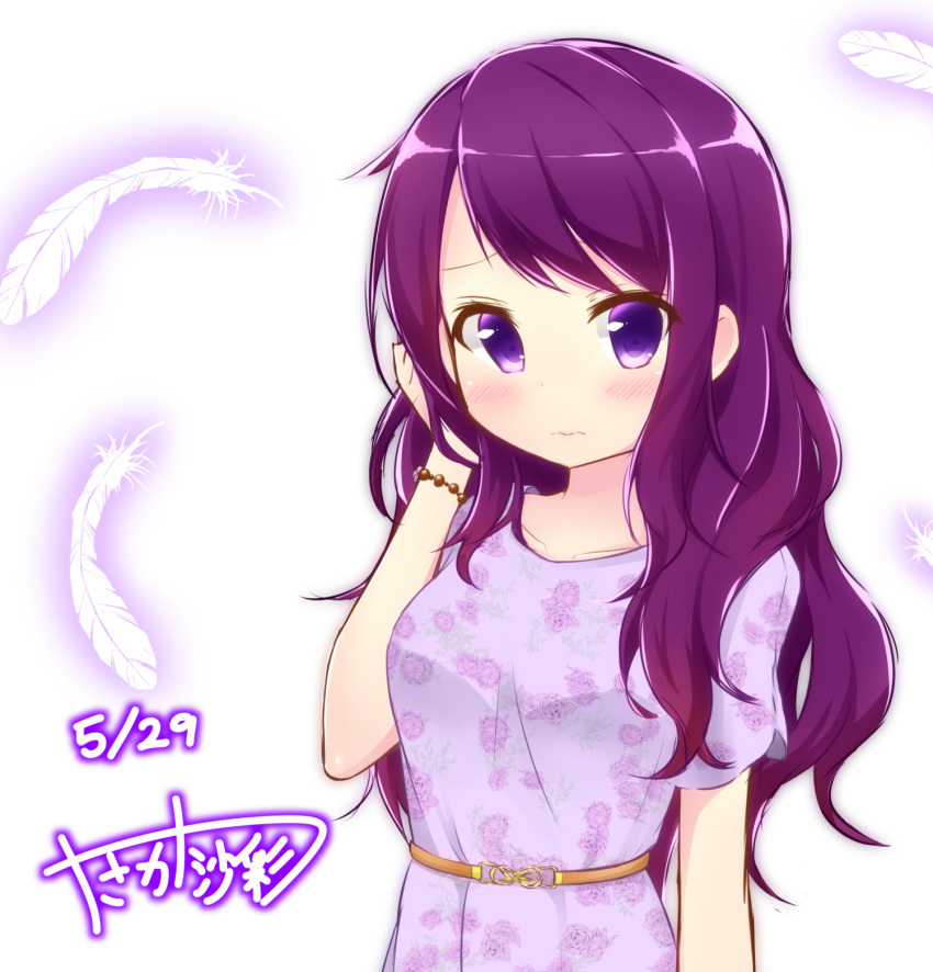 1girl 3: alternate_costume bangs blush bracelet breasts brown_belt casual closed_mouth collarbone commentary_request dated dress eyebrows_visible_through_hair feathers floral_print gochuumon_wa_usagi_desu_ka? hair_down highres jewelry long_hair looking_at_viewer medium_breasts print_dress purple_dress purple_hair short_sleeves signature solo tedeza_rize upper_body violet_eyes wavy_hair white_background yasaka_(astray_l)