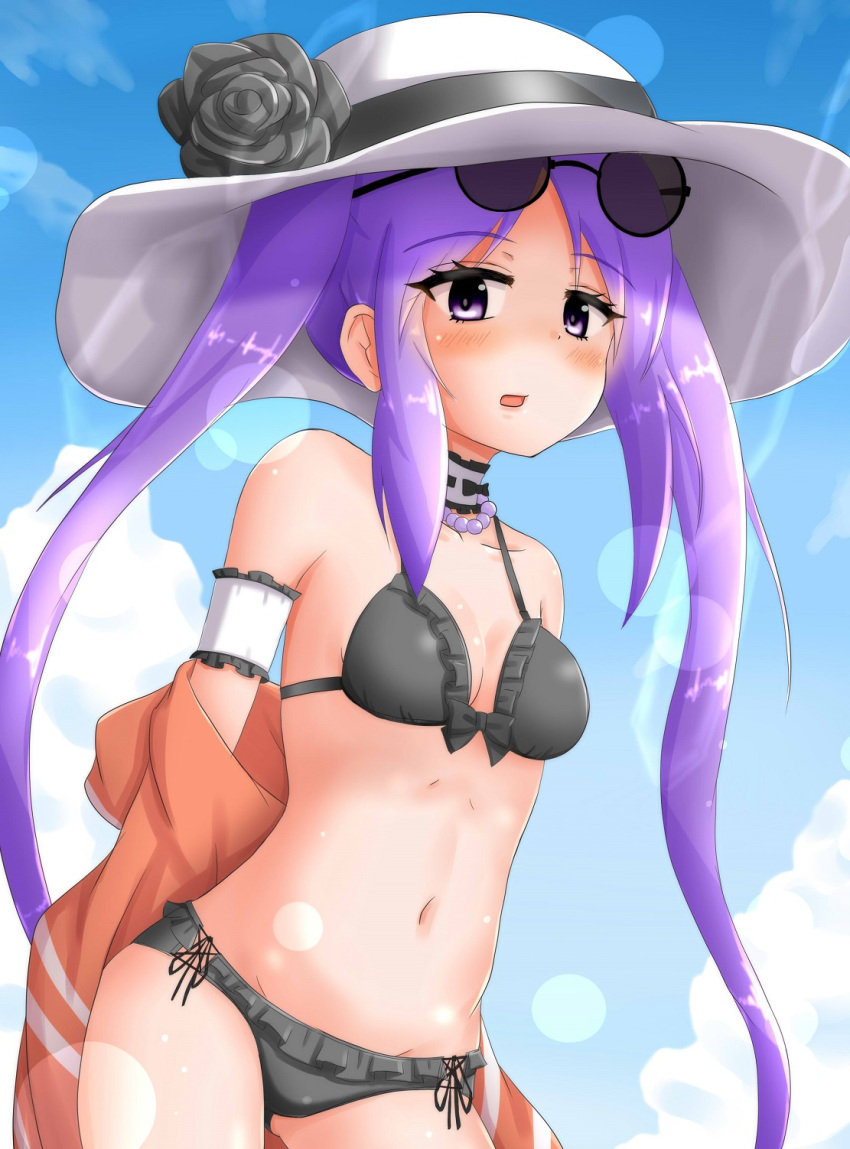 1girl alternate_costume bikini black_bikini black_flower black_ribbon blue_sky blush breasts choker clouds cowboy_shot eyewear_on_head fate/hollow_ataraxia fate_(series) flower frozenpile hair_ribbon hat hat_flower highres long_hair looking_at_viewer navel open_mouth purple_hair ribbon sky small_breasts solo stheno string sunglasses sunlight swimsuit twintails violet_eyes white_hat