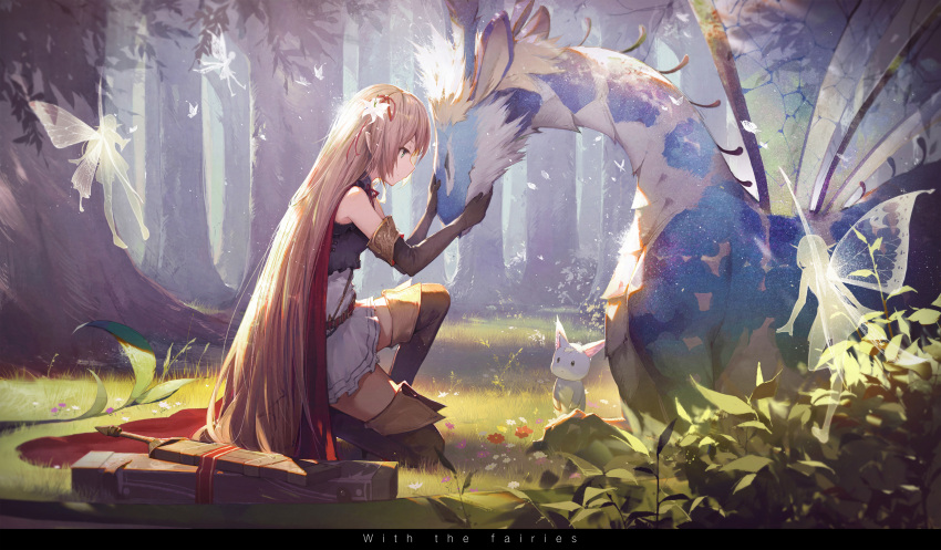 1girl arisa_(shadowverse) bare_shoulders belt black_gloves boots brown_hair brown_legwear cape closed_eyes closed_mouth creature day elbow_gloves english fairy flower flying forest from_side full_body gloves grass green_eyes hair_flower hair_ornament hair_ribbon high-waist_skirt highres kieed long_hair nature one_knee outdoors petting pointy_ears profile red_cape red_ribbon ribbon shadowverse sheath sheathed skirt sleeveless smile sunlight sword thigh-highs thigh_boots tree very_long_hair weapon white_skirt zettai_ryouiki