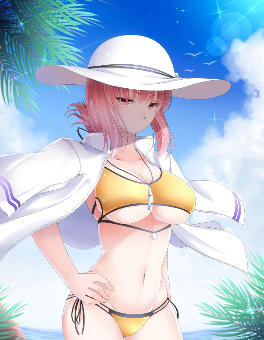 1girl bangs bikini blue_sky breasts closed_mouth cowboy_shot day fate/grand_order fate_(series) florence_nightingale_(fate/grand_order) hand_on_hip hat highres jacket_on_shoulders koro_(tyunnkoro0902) large_breasts long_hair looking_at_viewer navel outdoors pink_hair red_eyes sky smile solo stomach swimsuit tsurime under_boob white_hat yellow_bikini
