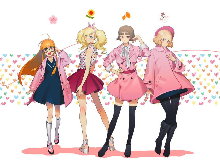 4girls blonde_hair braid brown_hair dress full_body hat highres long_hair looking_at_viewer multiple_girls niijima_makoto okumura_haru orange_hair persona persona_5 red_eyes sakura_futaba short_hair smile takamaki_anne twintails white_background