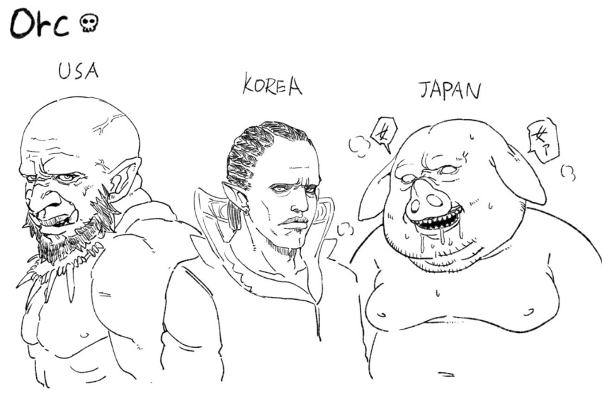 3boys animal_ears artist_request bald beard blank_eyes character_name comparison drooling earrings english facial_hair fangs fat frown greyscale hairlocs heavy_breathing high_collar jewelry lips looking_at_viewer male_focus monochrome multiple_boys muscle orc pig_ears pig_snout pointy_ears saliva simple_background source_request veins white_background