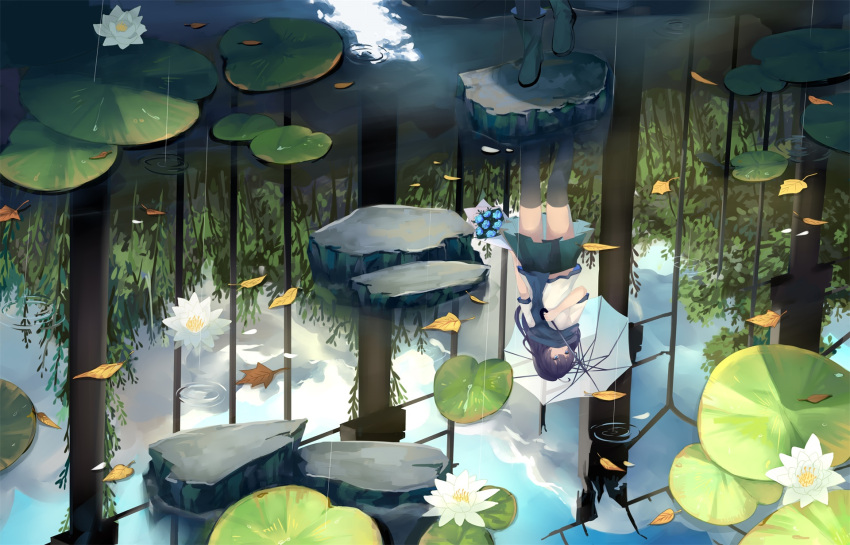 .l.l 1girl blue_eyes boots clouds day flower highres honkai_impact lily_pad long_hair lotus outdoors pleated_skirt pond purple_hair raiden_mei rain reflection rock scenery skirt sky solo standing umbrella