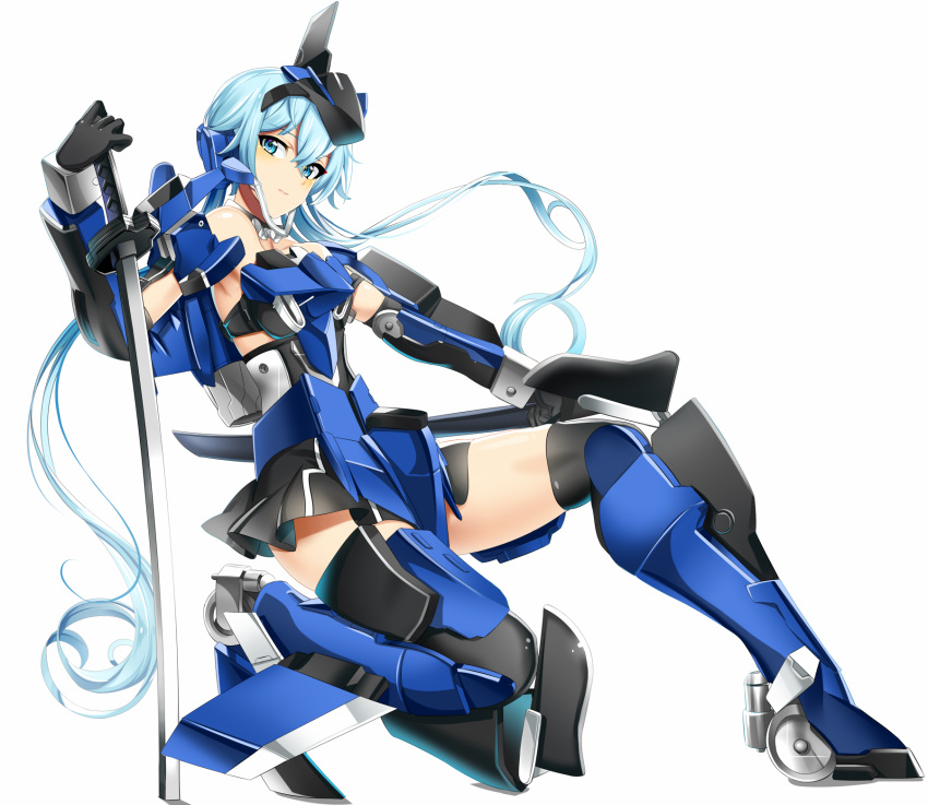 1girl bare_shoulders black_gloves black_legwear black_skirt blue_eyes blue_hair blush closed_mouth commentary_request elbow_gloves eyebrows_visible_through_hair frame_arms_girl full_body gloves hair_between_eyes headgear highres holding holding_sheath holding_sword holding_weapon katana kneehighs koko_shiguma long_hair looking_at_viewer looking_to_the_side mecha mecha_musume one_knee reverse_grip sheath shiny shiny_hair shiny_skin simple_background skirt solo stylet sword thigh-highs twintails very_long_hair weapon white_background