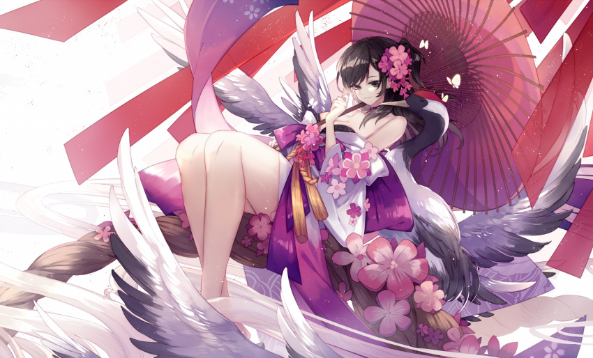 1girl bare_legs bare_shoulders black_eyes black_hair breasts cleavage closed_mouth feathered_wings flower hair_flower hair_ornament highres japanese_clothes kimono long_hair looking_at_viewer lyodi medium_breasts multiple_wings off_shoulder oriental_umbrella original ponytail sitting smile solo umbrella wide_sleeves wings