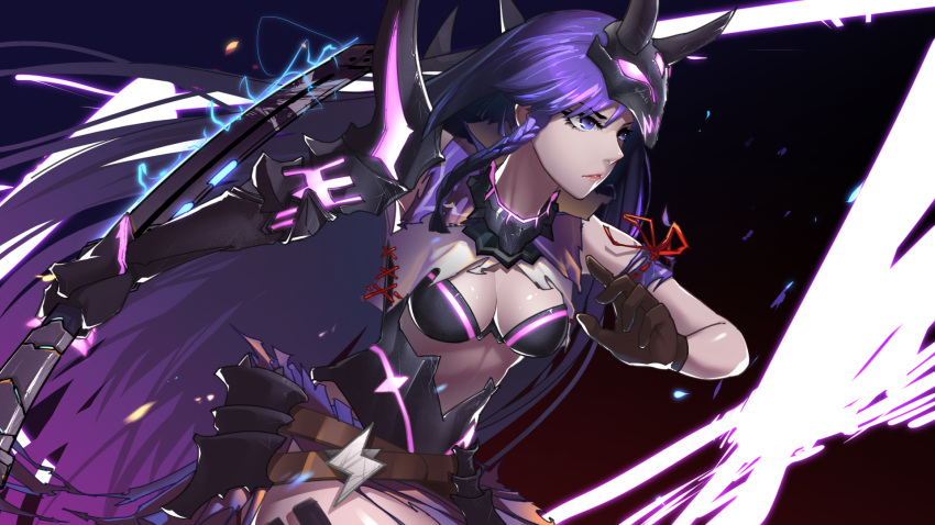 1girl armor belt benghuai_xueyuan black_gloves braid breasts electricity gloves highres honkai_impact japanese_armor katana kuro_saki long_hair mask mask_on_head medium_breasts parted_lips pink_lips purple_hair raiden_mei ribbon-trimmed_clothes ribbon_trim shoulder_spikes single_braid single_gauntlet single_glove solo spikes sword thunder_ghost torn_clothes very_long_hair violet_eyes weapon