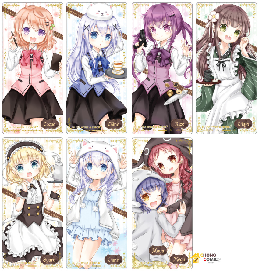 6+girls :d :o ;d ama_usa_an_uniform angora_rabbit animal animal_ears animal_hood animal_on_head anko_(gochiusa) apron aqua_eyes bangs black_hoodie black_jacket black_neckwear black_skirt blonde_hair blue_dress blue_eyes blue_hair blue_neckwear blue_vest blunt_bangs bolo_tie bow bowtie braid breasts brown_hair bunny_hood bunny_on_head buttons center_frills character_hood character_name checkerboard_cookie chestnut_mouth chohee closed_mouth collarbone collared_shirt commentary_request cookie cup double_v dress everyone eyebrows_visible_through_hair fake_animal_ears fang flat_chest fleur_de_lapin_uniform floppy_ears flower food frilled_apron frilled_cuffs frilled_shirt frilled_skirt frills gochuumon_wa_usagi_desu_ka? green_eyes green_kimono grey_hoodie grey_jacket gun hair_flower hair_ornament hairclip hand_on_another's_shoulder highres holding holding_gun holding_pen holding_tray holding_weapon hood hooded_jacket hoto_cocoa jacket japanese_clothes kafuu_chino kettle kimono kirima_sharo light_blue_hair long_hair long_sleeves looking_at_viewer loungewear maid_apron maid_headdress medium_breasts multiple_girls on_head one_eye_closed open_mouth orange_eyes orange_hair pen pink_dress pink_neckwear pink_vest polka_dot_trim pom_pom_(clothes) puffy_short_sleeves puffy_sleeves purple_hair purple_neckwear purple_vest rabbit rabbit_ears rabbit_house_uniform redhead ribbon saucer shirt short_hair short_sleeves sidelocks skirt small_breasts smile striped striped_kimono tea tedeza_rize teeth tippy_(gochiusa) tray twin_braids twintails ujimatsu_chiya underbust v vest violet_eyes waist_apron weapon white_apron white_flower white_hood white_jacket white_ribbon white_shirt wide_sleeves wild_geese wing_collar wrist_cuffs x_hair_ornament yellow_dress