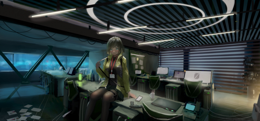 1girl bag bangs blue_eyes blush cable chair closed_mouth computer day desk green_hair green_jacket grey_legwear indoors jacket laptop light looking_at_viewer monitor name_tag neon_lights original pantyhose plant potted_plant reido_(reido_c) shoulder_bag sitting solo window