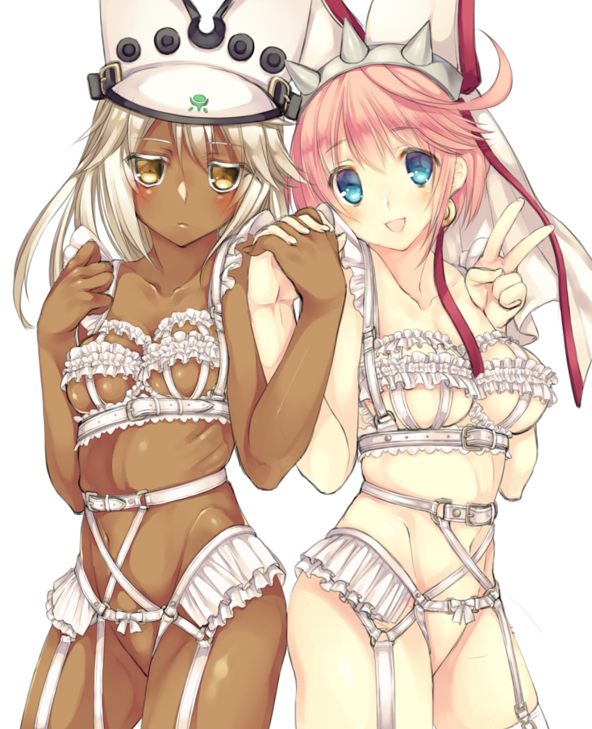 2girls :d alternate_costume bangs bare_shoulders belt belt_buckle black_belt blue_eyes blush bow breasts bridal_veil buckle cleavage closed_mouth collarbone colored_eyelashes cowboy_shot dark_skin elphelt_valentine eyebrows eyebrows_visible_through_hair eyelashes eyes_visible_through_hair facing_away fingernails frills garter_belt garter_straps grey_hairband groin guilty_gear guilty_gear_xrd hair_between_eyes hairband hand_holding hat hat_belt highres himegi_you interlocked_fingers jitome lips long_hair looking_at_viewer medium_breasts midriff multiple_girls navel no_pussy o-ring o-ring_legwear open_mouth palms pink_hair pink_lips ramlethal_valentine ribs shiny shiny_skin short_hair siblings sidelocks sisters skindentation small_breasts smile spiked_hairband spikes standing stomach symmetry tareme thigh-highs under_boob v veil white_belt white_bow white_hair white_hat white_legwear yellow_eyes
