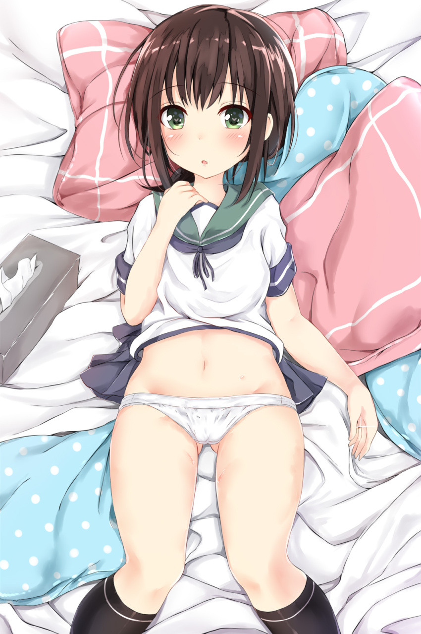 1girl bed bed_sheet black_hair black_legwear copyright_request fubuki_(kantai_collection) gluteal_fold green_hair heart heart-shaped_pupils highres kantai_collection kneehighs looking_at_viewer lying navel panties parted_lips pikacchi pillow solo symbol-shaped_pupils tissue tissue_box underwear white_panties