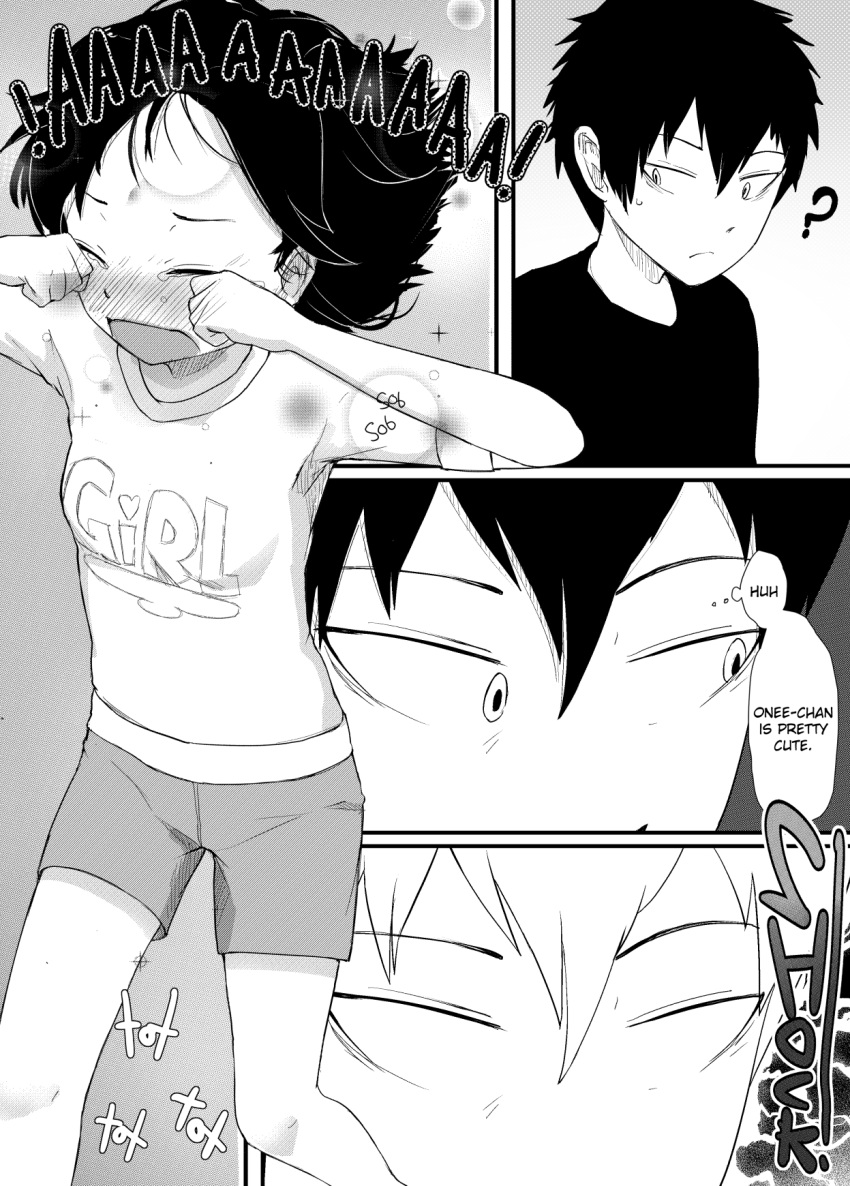 alternate_hair_length alternate_hairstyle brother_and_sister comic crying english frankseven highres kuroki_tomoki kuroki_tomoko question_mark running short_hair shorts siblings thought_bubble watashi_ga_motenai_no_wa_dou_kangaetemo_omaera_ga_warui!