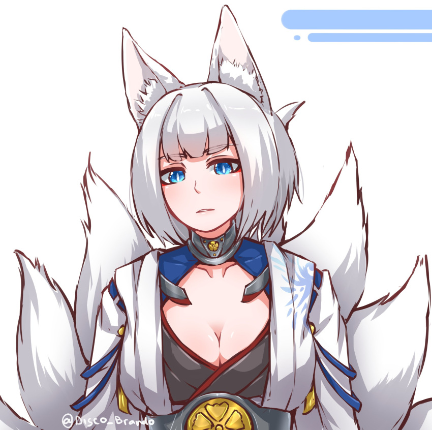 1girl animal_ears azur_lane bangs blue_eyes blunt_bangs breasts bright_pupils cleavage disco_brando eyebrows_visible_through_hair eyeshadow fox_ears fox_tail highres japanese_clothes kaga_(azur_lane) kimono large_breasts long_sleeves looking_at_viewer makeup multiple_tails parted_lips sash short_hair simple_background slit_pupils solo tail twitter_username upper_body white_background white_hair