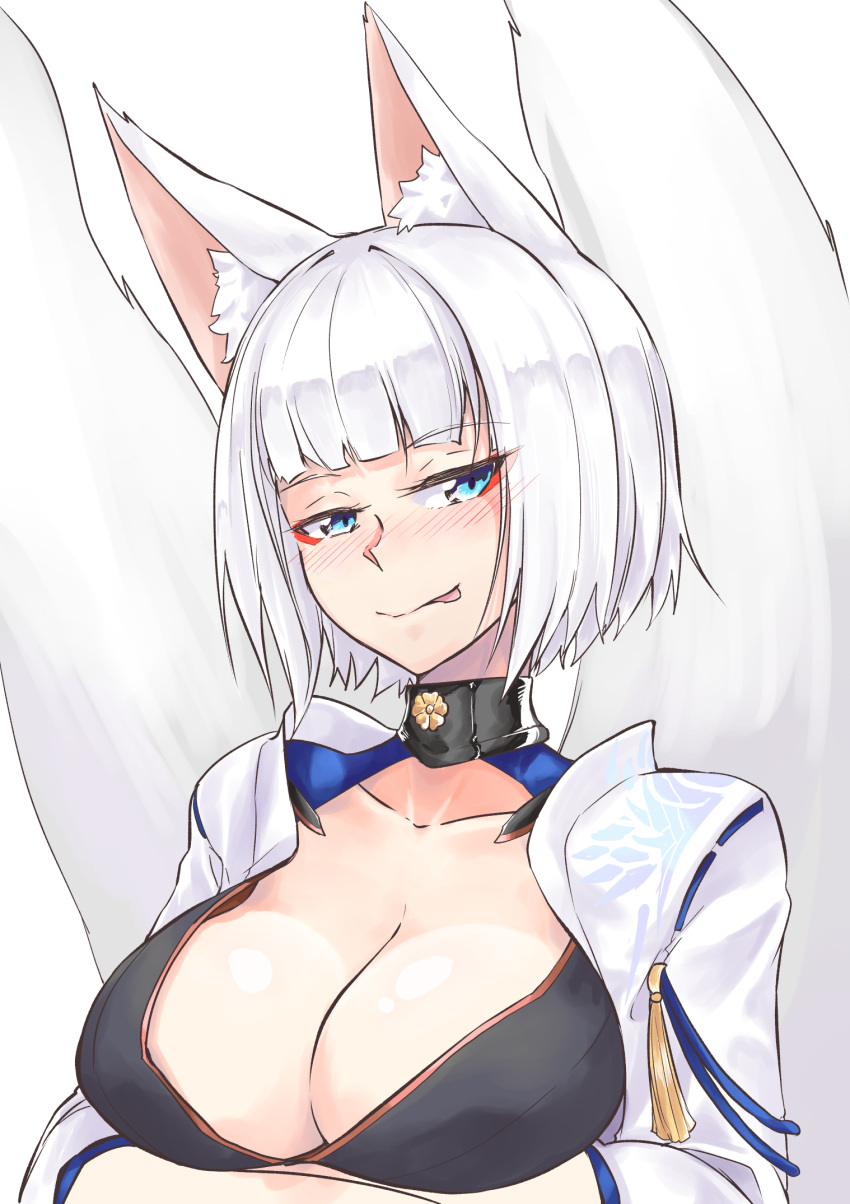1girl :p animal_ears azur_lane blue_eyes blush breasts choker cleavage fox_ears fox_tail highres kaga_(azur_lane) large_breasts looking_to_the_side multiple_tails short_hair simple_background solo tail tongue tongue_out upper_body white_background white_hair zooanime