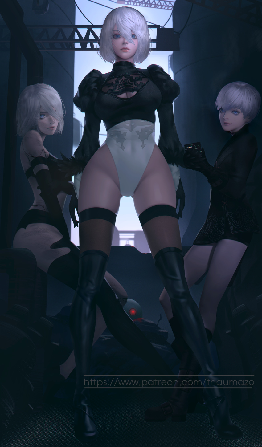 1boy 2girls absurdres black_clothes black_legwear blue_eyes boxer_briefs breasts cleavage cleavage_cutout dirty elbow_gloves feather-trimmed_sleeves gloves gluteal_fold hair_over_one_eye highres leotard looking_at_viewer mole mole_under_mouth multiple_girls nier_(series) nier_automata no_pants puffy_sleeves silver_hair sitting smile standing thaumazo thigh-highs thigh_gap underwear yorha_no._2_type_b yorha_no._9_type_s yorha_type_a_no._2
