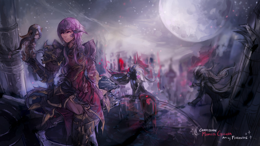 1girl absurdres armor armored_boots armored_dress au_ra boots commission demon_girl dragon_horns final_fantasy final_fantasy_xiv fiveonthe full_moon hand_up highres horns landscape ledge looking_at_another moon night night_sky purple_hair sitting sky smile succubus tail