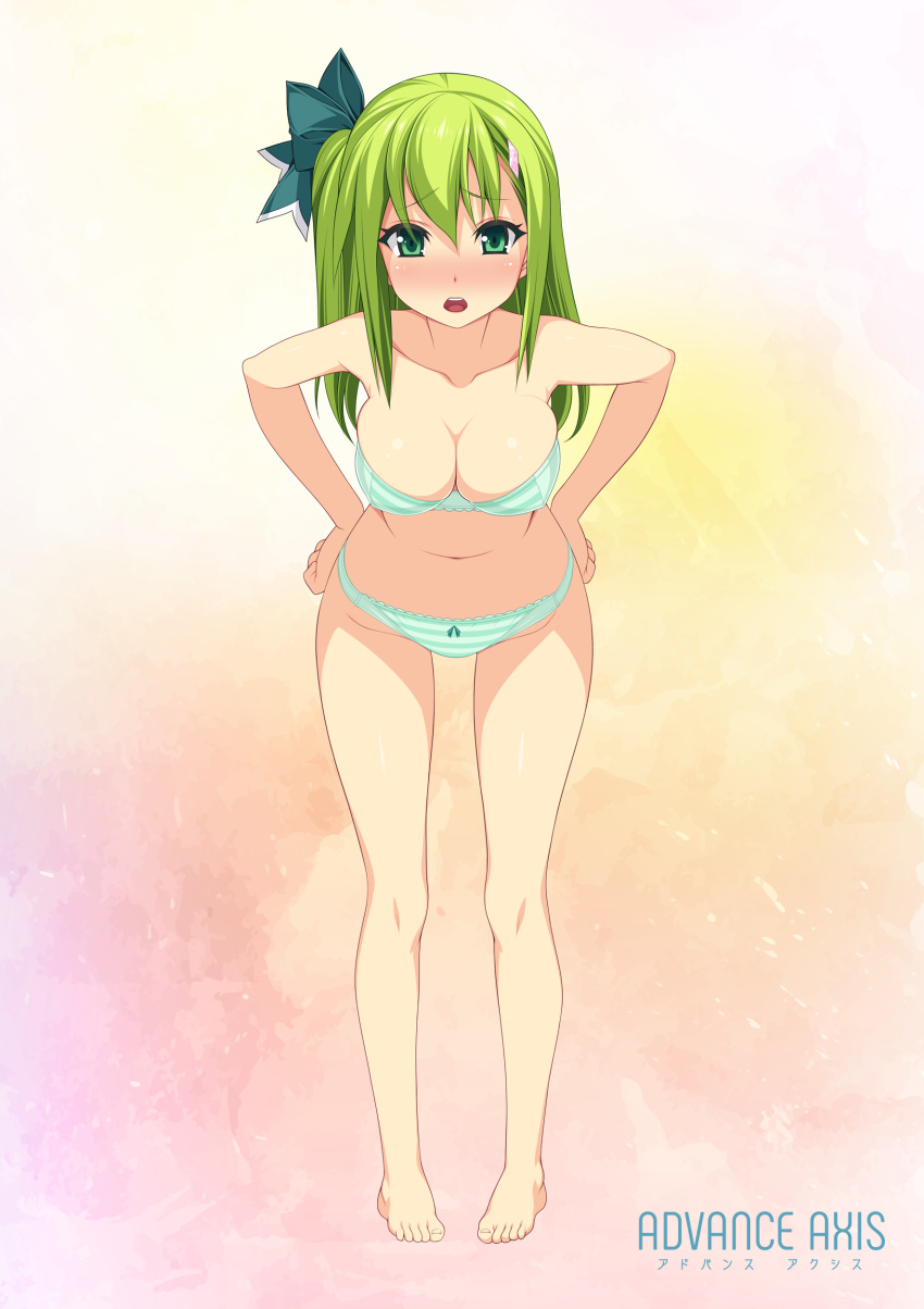 1girl absurdres bare_legs beatmania beatmania_iidx blush bow bra breasts collarbone full_body green_bra green_eyes green_hair green_panties hair_bow hair_ornament hairclip hands_on_hips highres kinoshita_ichi kitami_erika long_hair looking_at_viewer medium_breasts navel one_side_up open_mouth panties pigeon-toed solo standing striped striped_bra striped_panties underwear underwear_only