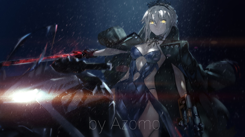 1girl artist_name artoria_pendragon_(all) artoria_pendragon_(swimsuit_rider_alter)_(fate) avamone black_dress black_gloves breasts cleavage closed_mouth cowboy_shot dress fate/grand_order fate_(series) gloves ground_vehicle gun halterneck highres jacket_on_shoulders looking_at_viewer medium_breasts motor_vehicle motorcycle navel navel_cutout night outdoors pale_skin pelvic_curtain rain riding saber short_hair solo sword tiara weapon white_hair yellow_eyes