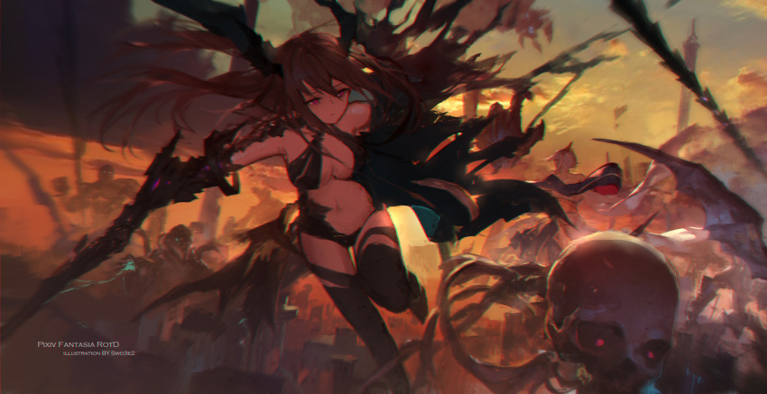2girls bangs bikini black_bikini black_legwear breasts brown_hair closed_mouth fantasy golem hair_between_eyes head_wings highres holding holding_sword holding_weapon japanese_clothes knee_up medium_breasts multiple_girls navel outdoors pixiv_fantasia pixiv_fantasia_revenge_of_the_darkness sidelocks silver_hair skull solo_focus swd3e2 swimsuit sword tail thigh-highs torn_clothes violet_eyes weapon
