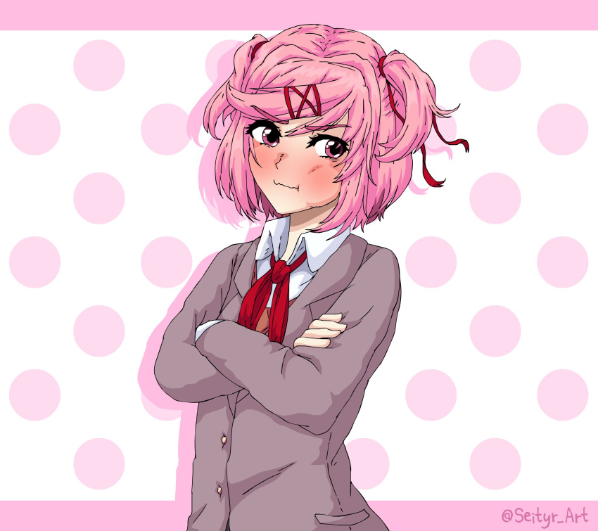 1girl absurdres blush bow breasts closed_mouth collared_shirt crossed_arms doki_doki_literature_club hair_ribbon highres looking_away natsuki_(doki_doki_literature_club) pink_background pink_eyes pink_hair polka_dot polka_dot_background puffed_cheeks ribbon seityr shirt short_hair solo twitter_username two_side_up upper_body white_shirt