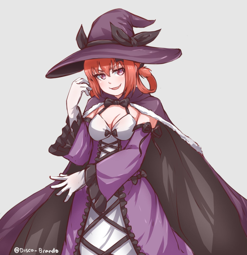 &gt;:) 1girl blush cape detached_sleeves disco_brando dress fang gabriel_dropout gloves grey_background grin halloween halloween_costume hand_up hat highres kurumizawa_satanichia_mcdowell long_sleeves parted_lips purple_cape purple_dress purple_hat red_eyes redhead simple_background smile solo standing white_gloves wide_sleeves witch_hat