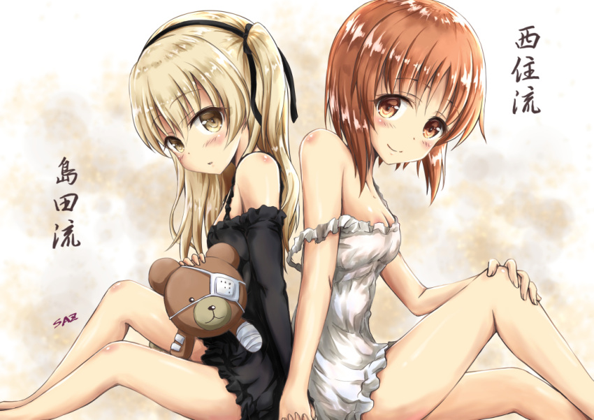 2girls artist_name bangs black_ribbon boko_(girls_und_panzer) braid breasts brown_eyes brown_hair cast chemise cleavage closed_mouth commentary_request eyebrows_visible_through_hair eyepatch from_side girls_und_panzer hair_ribbon hand_holding hand_on_leg holding light_brown_eyes light_brown_hair lingerie long_hair looking_at_viewer medium_breasts multiple_girls nishizumi_miho off_shoulder parted_lips ribbon saz_(sazin764) shimada_arisu short_hair side_braid signature sitting smile solo translated underwear