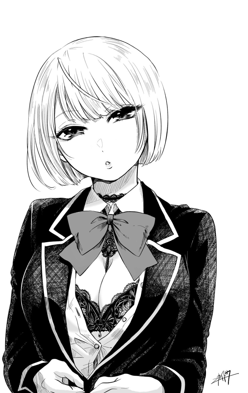 1girl bangs bra breasts cleavage collared_shirt commentary_request eyebrows_visible_through_hair frilled_bra frills greyscale head_tilt highres jacket large_breasts long_sleeves looking_at_viewer monochrome neck_ribbon nikaidou_kou original parted_lips ribbon shirt short_hair signature solo underwear upper_body white_shirt