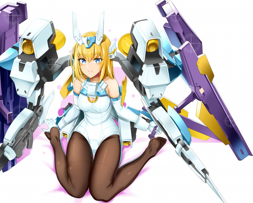 1girl bangs bare_shoulders baselard black_legwear blonde_hair blue_eyes blush breasts cleavage closed_mouth commentary_request diffraction_spikes elbow_gloves energy_gun eyebrows_visible_through_hair frame_arms_girl full_body gloves gun headgear highres holding holding_gun holding_weapon koko_shiguma leotard long_hair looking_at_viewer mecha mecha_musume medium_breasts no_shoes pantyhose sitting smile solo thrusters wariza weapon white_gloves white_leotard
