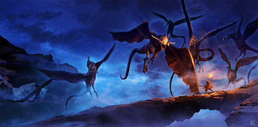 1boy cape clouds cloudy_sky commentary_request demon fantasy flying from_behind holding holding_sword holding_weapon horns mocha_(cotton) monster night original outdoors scenery sharp_teeth signature sky solo standing sword teeth torch warrior weapon