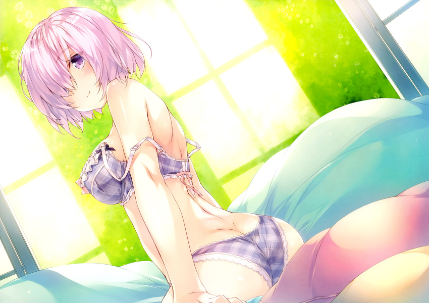1girl absurdres amami_mikihiro ass bangs bare_shoulders bed_sheet blush bra breasts butt_crack closed_mouth cowboy_shot day dimples_of_venus dutch_angle eyebrows_visible_through_hair fate/grand_order fate_(series) hair_over_one_eye highres indoors large_breasts lavender_hair light_smile looking_at_viewer panties parted_lips plaid plaid_bra plaid_panties purple_bra purple_hair purple_panties scan shielder_(fate/grand_order) short_hair sitting smile solo strap_slip underwear underwear_only violet_eyes window