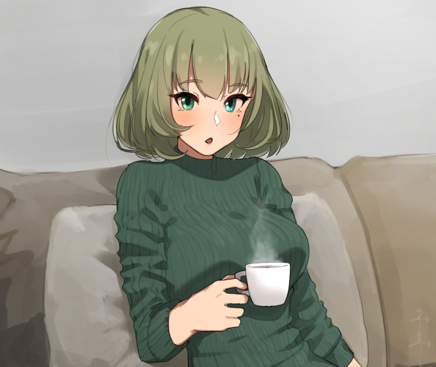 1girl :o arm_at_side bangs blue_eyes blush breasts coffee_mug couch cup eyebrows_visible_through_hair green_eyes green_sweater grey_background heterochromia holding holding_cup idolmaster idolmaster_cinderella_girls long_sleeves medium_breasts mole mole_under_eye on_couch open_mouth pillow senju_(snz0) short_hair simple_background solo steam takagaki_kaede tsurime upper_body