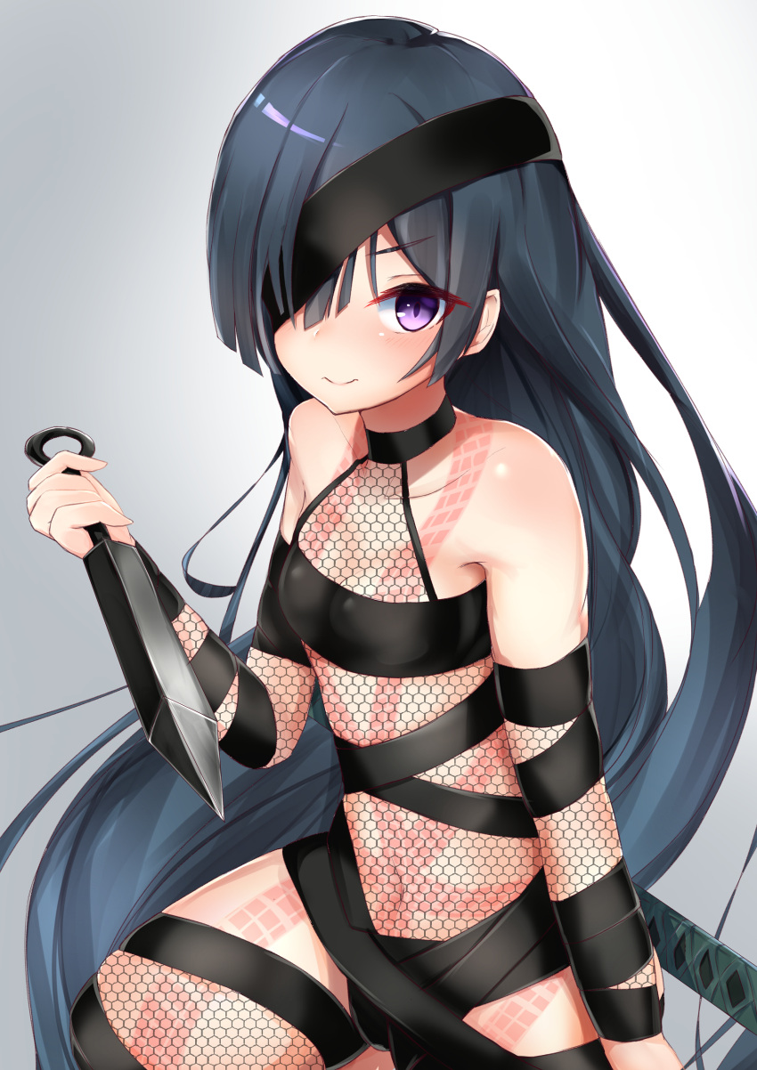1girl absurdres black_hair blush breasts eyepatch fate/grand_order fate_(series) fishnets highres long_hair looking_at_viewer mochizuki_chiyome_(fate/grand_order) nanakaku reverse_grip smile snakeskin_print solo very_long_hair violet_eyes