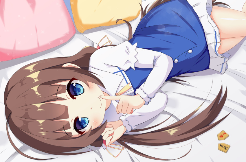 1girl blue_dress blush board_game brown_hair closed_mouth commentary_request dress finger_to_mouth fingernails hair_ribbon highres hinatsuru_ai long_hair long_sleeves looking_at_viewer low_twintails lying no_hat no_headwear on_side pillow puffy_short_sleeves puffy_sleeves ribbon ryuuou_no_oshigoto! school_uniform short_over_long_sleeves short_sleeves shougi smile solo twintails xiaosamiao yellow_ribbon