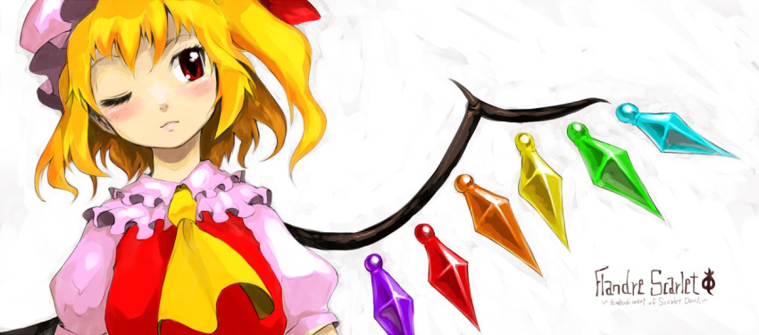 blonde_hair blush character_name flandre_scarlet hat lips oso oso_(toolate) rainbow_order red_eyes side_ponytail solo touhou white_background wings wink