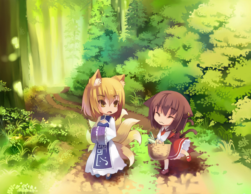 :3 adapted_costume animal_ears bad_id blonde_hair brown_hair cat_ears cat_tail chen chibi cleavage_cutout closed_eyes earrings fang forest fox_ears fox_tail groceries jewelry kamisakai multiple_girls multiple_tails nature no_hat no_headwear short_hair tail touhou yakumo_ran yellow_eyes