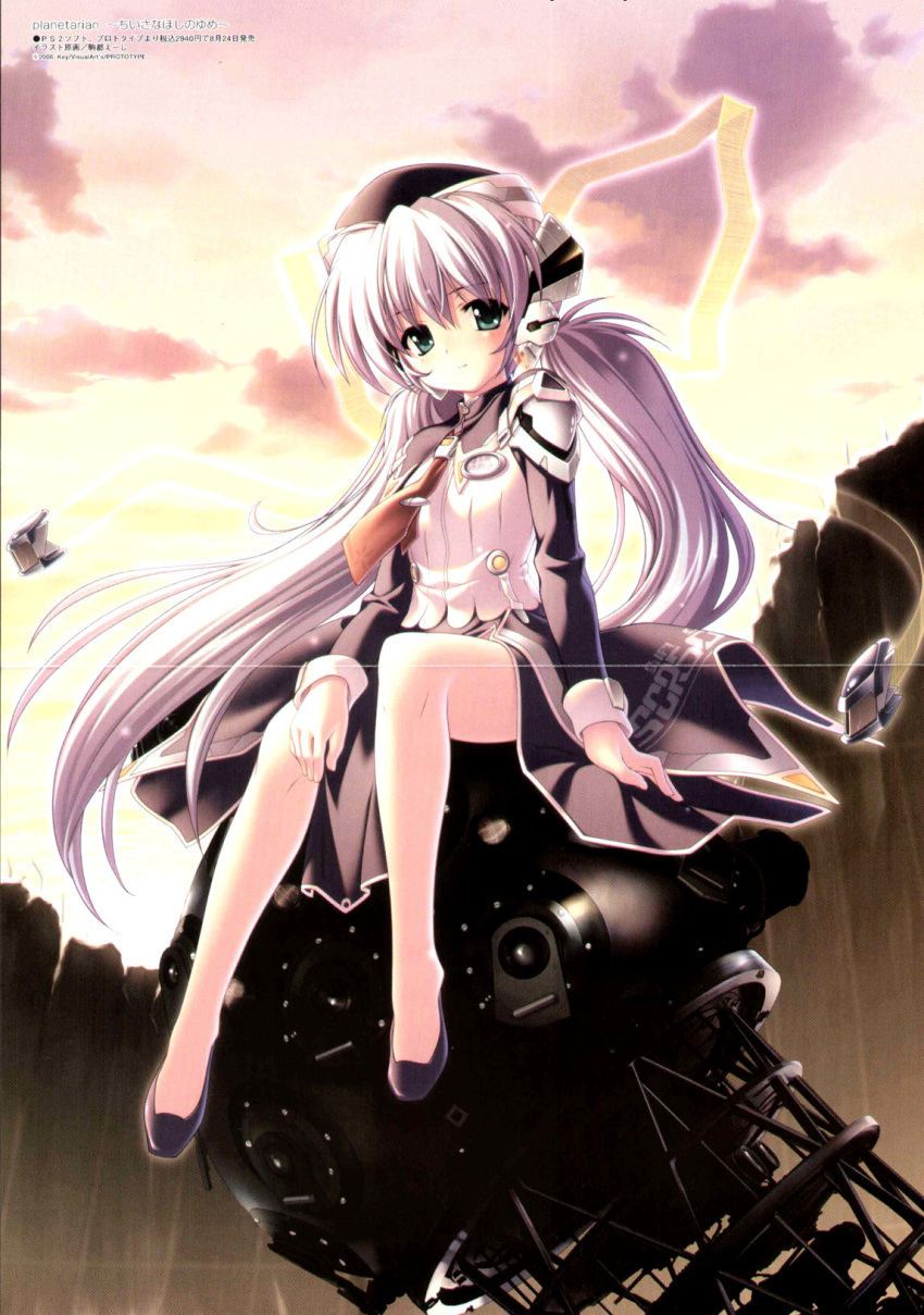 clouds fixme green_eyes hat highres hoshino_yumemi komatsu_eiji long_hair planetarian purple_hair reverie ribbon ribbons scanlines sitting sky twintails very_long_hair