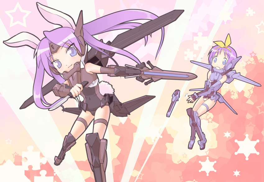 bunny_ears cosplay flag_custom gundam gundam_00 highres hiiragi_kagami hiiragi_tsukasa knife lucky_star mecha_musume parody rabbit_ears union_flag zhenlin