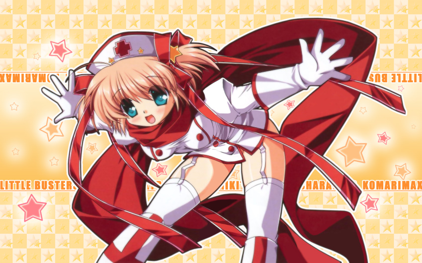 blonde_hair blush happy highres hinoue_itaru kamikita_komari little_busters! little_busters!! no_panties nurse ribbon ribbons short_hair smile star stars thighhighs wallpaper