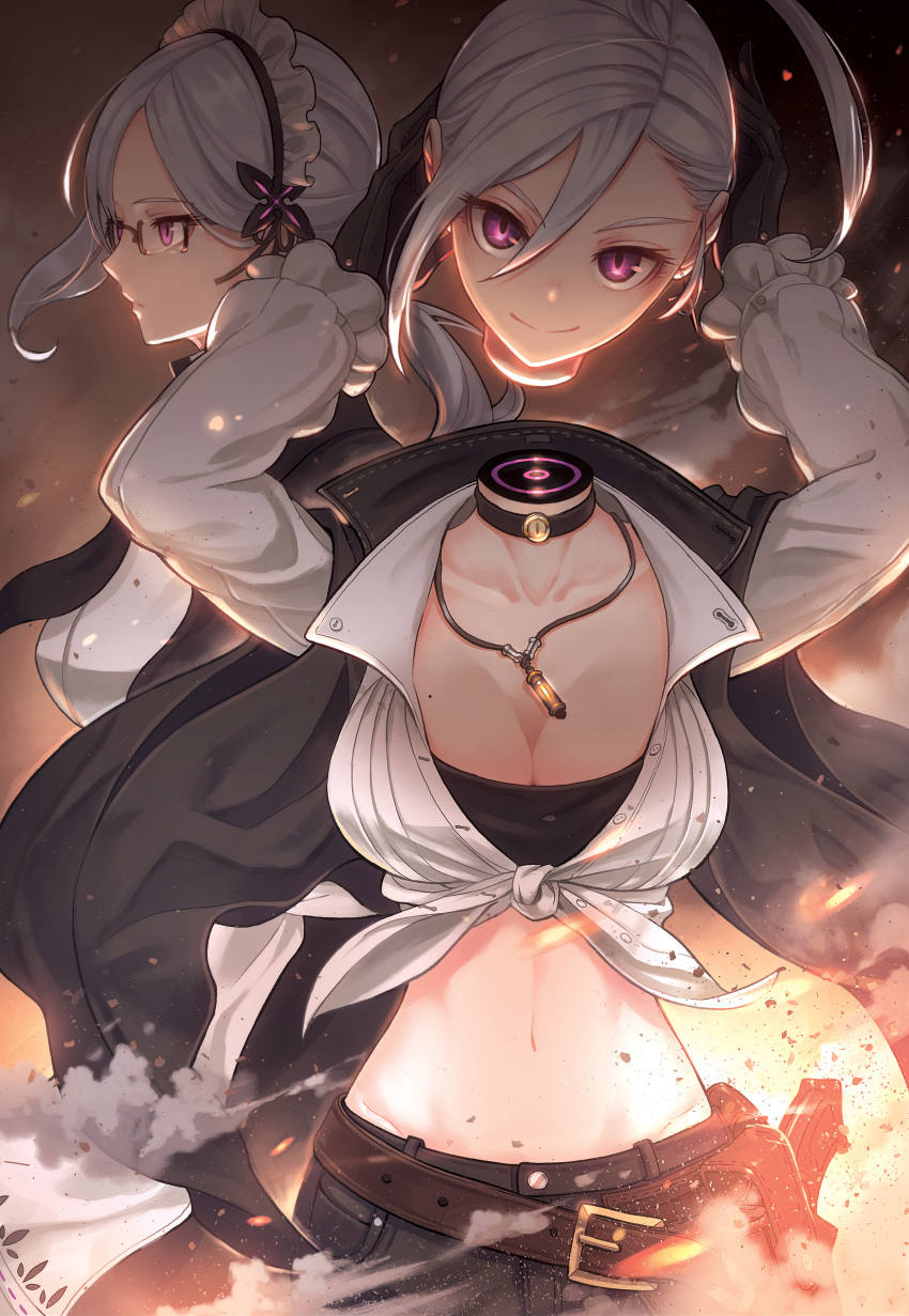 2girls absurdres belt black_gloves breasts choker cleavage collarbone disembodied_head dullahan earrings embers expressionless front-tie_top glasses gloves groin hairband highres holding_head huge_filesize jacket jewelry large_breasts maid_headdress midriff multiple_girls navel neck necklace original sin_gun_woo smile smoke violet_eyes white_hair