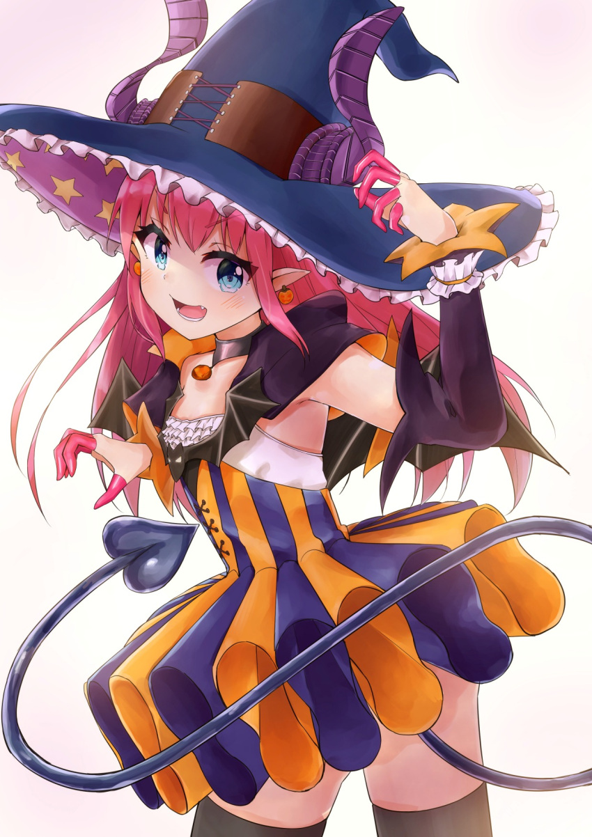 ) 1girl :d blue_eyes choker commentary_request detached_sleeves elizabeth_bathory_(halloween)_(fate) fate/extra fate/extra_ccc fate/grand_order fate_(series) halloween hat highres horns lancer_(fate/extra_ccc) long_hair looking_at_viewer open_mouth pink_hair pointy_ears racchi. smile solo tail witch_hat