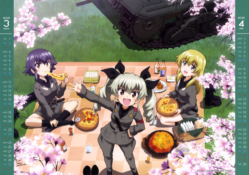 3girls :d absurdres anchovy anzio_military_uniform black_legwear black_neckwear black_ribbon black_shirt blonde_hair brown_eyes calendar carpaccio cherry_blossoms day drill_hair eating eyebrows_visible_through_hair food from_above girls_und_panzer green_eyes grey_hair grey_jacket grey_pants grey_skirt ground_vehicle hair_between_eyes hair_ribbon hand_on_hip highres holding holding_food indian_style jacket kneeling long_hair looking_up military military_vehicle motor_vehicle multiple_girls open_mouth outdoors pants pepperoni_(girls_und_panzer) pizza purple_hair red_eyes ribbon shirt shoes_removed sitting skirt smile socks standing tank twin_drills